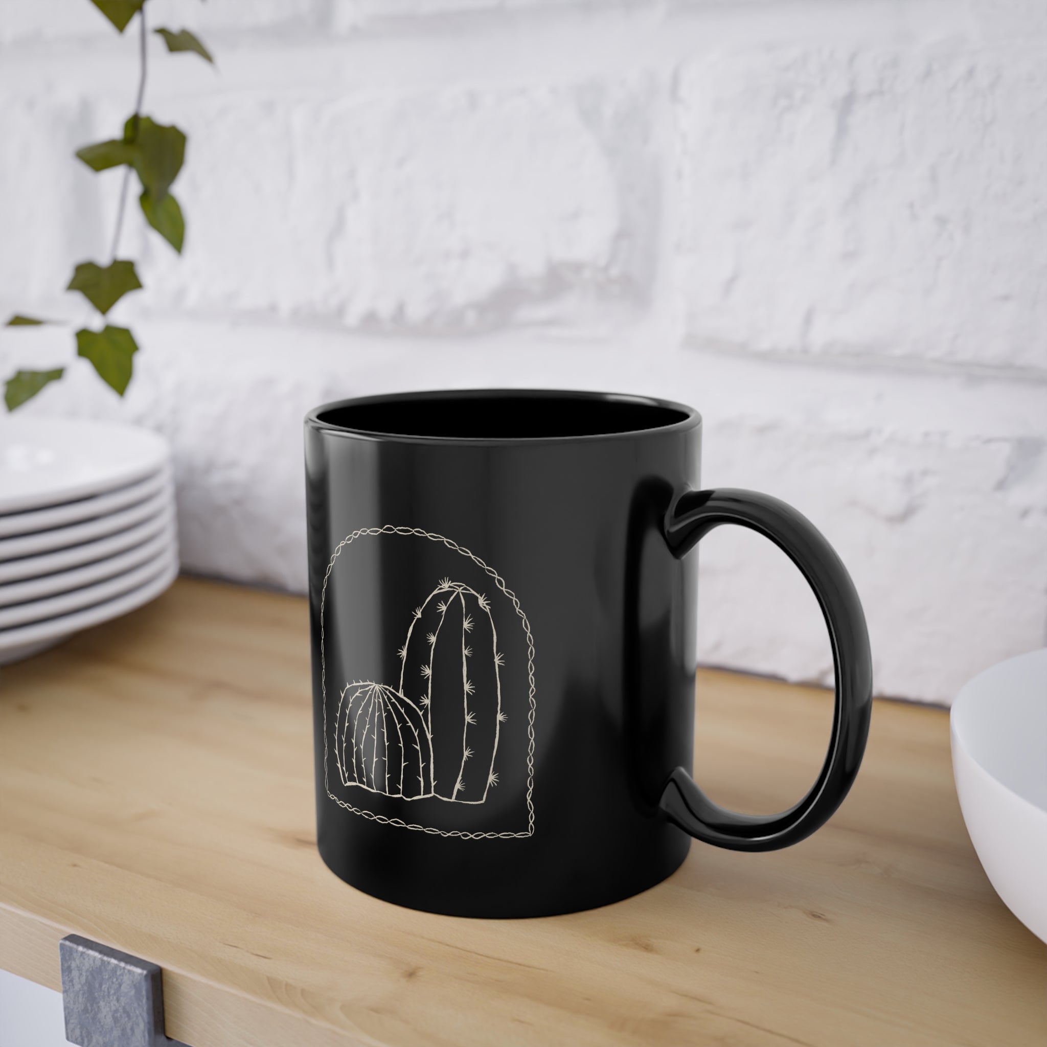 Tazza Nera con Cactus – Design Minimal Western 330 ml