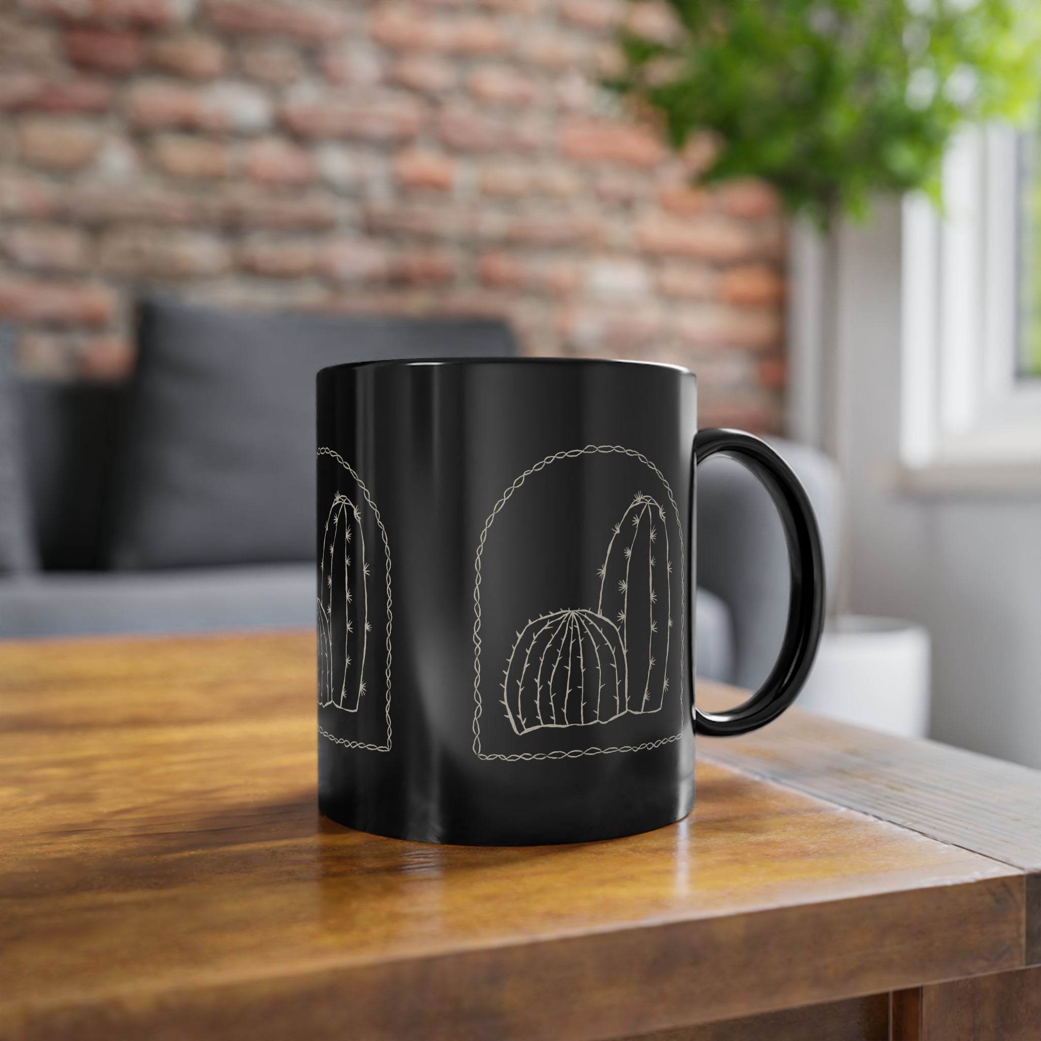 Tazza Nera con Cactus – Design Minimal Western 330 ml
